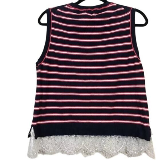 Tommy Hilfiger Size L Sleeveless Navy Red Striped Knit Top Lace Hem Nautical - Picture 3 of 7